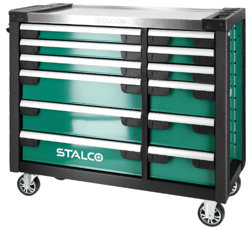 værkstedsvogn med 12 skuffer inkl. udstyr, rustfri topplade – STALCO