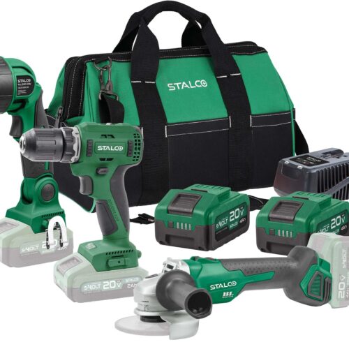 Komplet værktøjssæt: vinkelsliber + boremaskine/skruemaskine + arbejdslampe + 2×4 Ah batterier