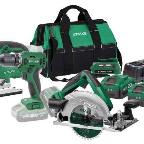 Komplet værktøjssæt: Sav + Stiksav + Boremaskine + USB-oplader + 2×4 Ah Batterier