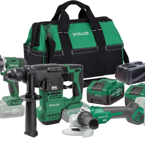 Komplet Værktøjssæt: Kombihammer + Boremaskine/Skruemaskine + Vinkelsliber + 2×4 Ah Batterier