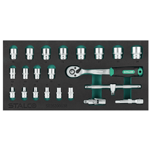 Topnøglesæt 3/8”, 6–24 mm, 22 dele, CrV, EVA-indsats – STALCO